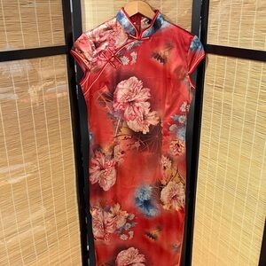 Floral Red Satin Cheongsam Dress